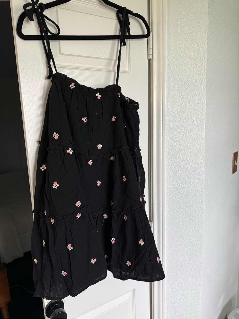 TALULAH Black Mini Dress with Pink Floral Embroidery